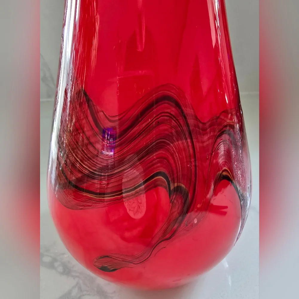 Vintage Hand Blown Red w/ Blue Yellow White Streaks Art Glass Vase 14.5 In. ‎ #2